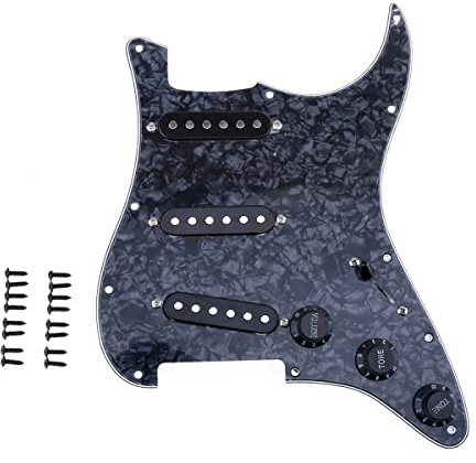 Musiclily 11-Hole SSS Prewired Loaded Pickguard with Single Coil Pickups Set for Fender Squier Strat Electric Guitar, 4Ply Black Pearl
