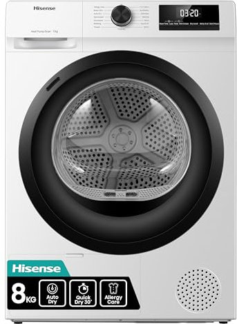 Hisense DH1Q802BW2 60cm Freestanding 8 KG Heatpump Front Load Tumble Dryer, 16 Programmes, Auto Dry, Steam Refresh, Allergy Care - White