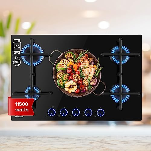 Klarstein Plaque de Cuisson Gaz 5 Feux, Table de Cuisson à Gaz 5 Brûleurs, Plaque Gaz 11.5 kW, Piano Cuisine Gaz en Acier Inoxydable, Plaque de Cuisson Gaz Encastrable, Plaque a Gaz Cuisine Inox