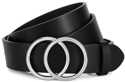 JasGood Damen Ledergürtel Mode Doppel O-Ring Schnalle Gürtel für Jeans Hosen Kleider