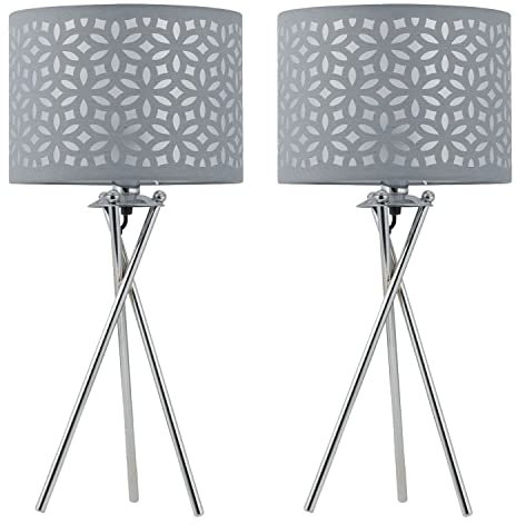 firstchoicelighting Set of 2 Polished Chrome Tripod Table Lamps or Bedside Lights, Modern Design, Grey Cut Out Shade, Height 52cm, LED Compatible