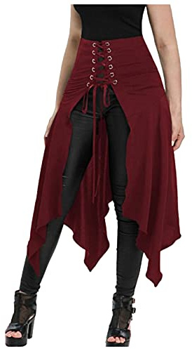 TIMEMEAN Femmes Jupe Steampunk Gothique à Lacets Jupes Pirates Asymétriques Hautes Basses Victoriennes Rétro #03du Vin M