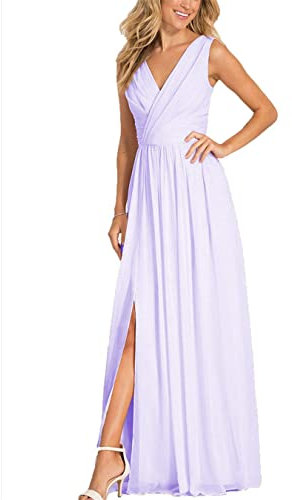 HPPEE Vestidos de dama de honor con hombros descubiertos y tirantes delgados divididos para invitados de boda con abertura lateral, Lila, 48