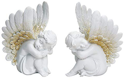 Generisch Sitzende, schlafende Engel, weiß-Gold, 2er Set | Cherubin, Deko-Figur, Deko-Artikel, Statue, Skulptur, H 18 cm