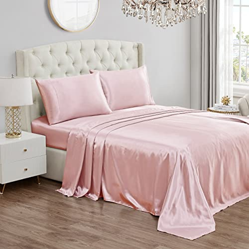 Juicy Couture Twin XL Size Satin Bed Sheet Set, Deep Pocket Silky Twin XL Sheet Set with 1 Fitted Sheet, 1 Flat Sheet, 1 Pillow Case, Wrinkle Resistant and Anti Pilling Bed Sheets - Pink