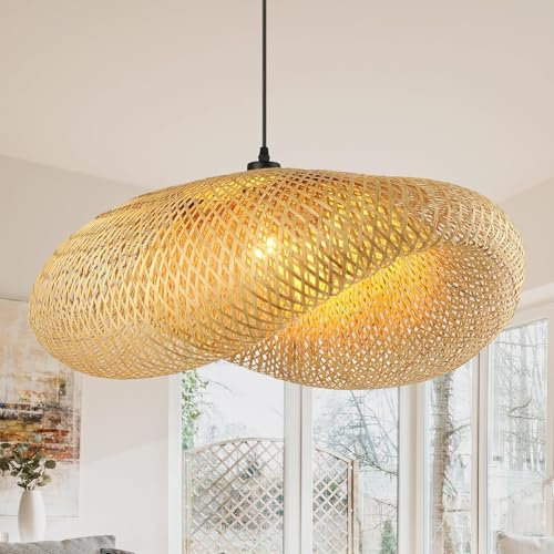 Schindora Luminaire Plafonnier RéTro,Chapeau Bambou Suspension Rotin 40Cm Tissage Plafonnier Salle De Bain E27 CréAtivité éClairage De Plafond Pour Salle À Manger Salon Restaurant,Paille LéGèRe