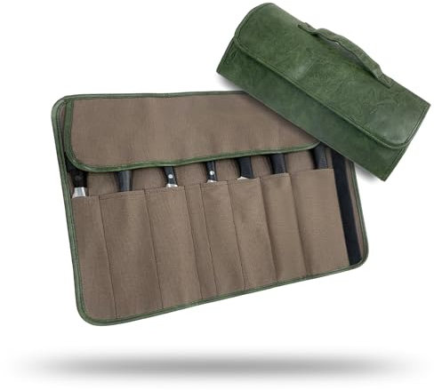 PoBoSall Chef Knife Bag with 6 slots home kitchen travel cooking tools, portable leather knife roll storage bag chef case for camping or working (Bag-Green)