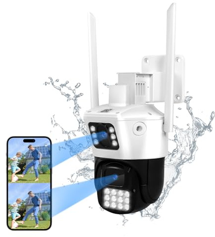 8MP Dual-Objektiv Überwachungskamera Aussen WLAN, Dual-Ansicht PTZ WiFi Kamera Outdoor,360° Schwenkbar Personenerkennung mit Automatische Verfolgung, Farbnachtsicht, 2-Wege-Audio, Sirene