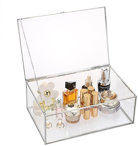 TOLIDA Extra Large Vintage Glass Jewelry Lidded Box, Silver | Rectangle Storage Container, Tabletop Glass Display Box for Jewelry Rings Bracelets Necklaces