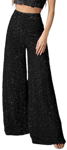Duohropke Glitzer Hose Schwarz Damen Elegant Verziert mit Pailletten Party Glänzende Hose Lang Elastische Silber Schlaghose Rave Outfit Hip Hop High Waist Pailettenhose