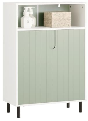 SoBuy Badezimmerschrank mit 2 Türen und Offenem Fach 60x87x30cm Weiß-Grün | Badkommode mit Erhöhten und Feuchtigkeitsgeschützten Füßen, Midischrank Kommode Badschrank, Flurschrank, BZR138-GR
