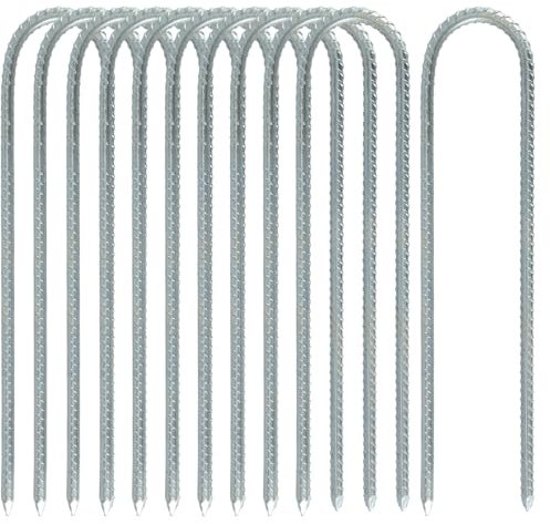 MAHIONG 12 Pcs Tent Pegs, 12 Inch Garden Stakes U-Shaped Heavy Duty Galvanized Steel Landscape Staples Ground Anchors for Camping Tents, Ground Cover, Netting, Weed Control Mats