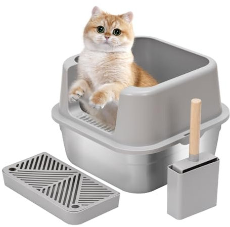 Katzentoilette Edelstahl, Offene Streu-Box aus Edelstahl, 41 * 41cm, Mit großer Katzenstreu Schaufel,Anti-Leckage Sand Pedal, Langlebiger Edelstahl, Hohen Wandkanten, Antihaftbeschichtet