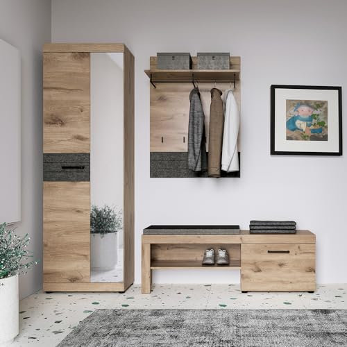 Lomadox Garderoben Set 3-teilig mit Hochschrank Sitzbank und Wandpaneel modern in Eiche Viking