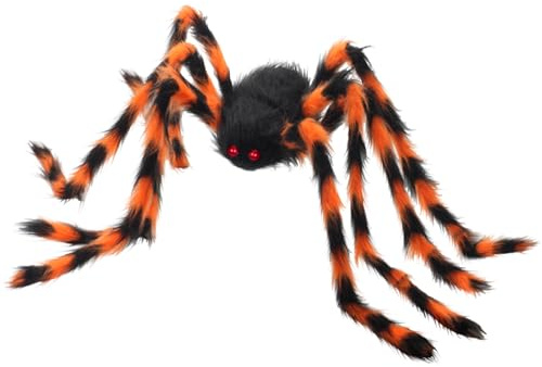 AMLOOPH Giant Scary Spider Halloween Decorations Outdoor Indoor - 59'' Fake Large Hairy Halloween Spider Props Decorations for Spiderweb, Garden, Tree, Party & Haunted House Decor (Orange Black)