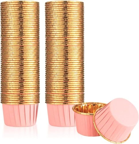 Caissettes à muffins, moules à cupcakes en papier, caissettes de cuisson antiadhésives, caissettes en aluminium pour cupcakes, pâtisseries, anniversaires, mariages, fêtes (rose et doré, lot de 100)