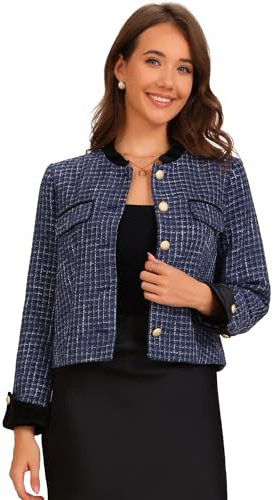 Allegra K Donna Cappotto da Giacca Casual A Maniche Lunghe con Colletto alla Coreana in Tweed Blu S