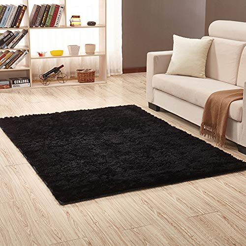 Jyswx Shaggy Hochflor Teppich - Flauschig, rutschfest, Waschbar - Grand Moderner Teppich für Wohnzimmer/Schlafzimmer, Kunstfell Imitat, Farbe: Schwarz, Größen: 60 x 200cm