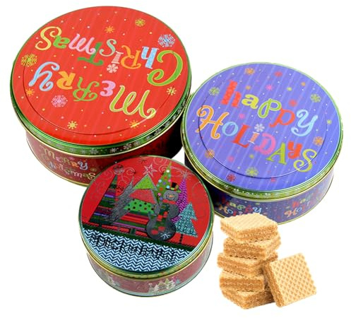 ZJILIXIA 3 Piezas Latas De Galletas De Navidad,Caja Galletas Metalica Redonda,Latas De Metal Para Ggalletas,Bote Galletas Navideña Para Pastel Pastelería,Para Galletas,Chocolate,Dulces,Golosinas (A)