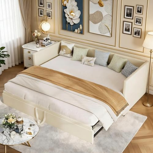 Schlafcouch Ausziehbar 90/180x200 cm, Tagesbett Polsterbett mit Gästebett, Doppelbett Samt Multifunktionsbett mit Lattenrost, Couch Bett 2 Sitzer für Erwachsene 2 Personen, Ohne Matratze, Beige