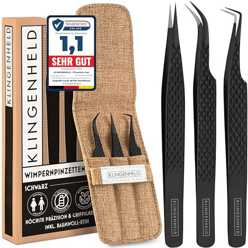 KLINGENHELD® Präzise Wimpern Pinzette Set - Extra feine Faser-Spitzen für maximalen Halt - Für mehr Volumen und perfekte Fächer - inkl. Baumwoll-Etui 100% plastikfrei - Pinzette Wimpernverlängerung