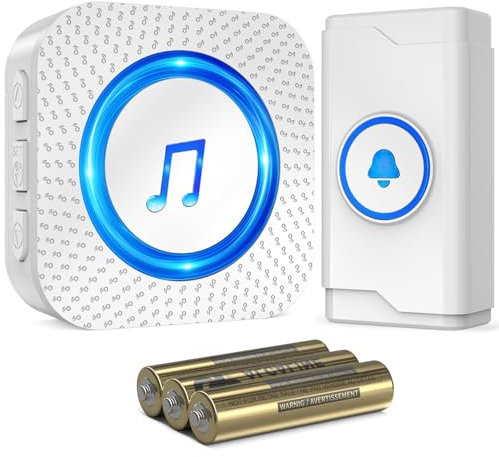SURFOU Wireless Doorbell Cordless Waterproof with 1 Portable Receiver Battery Powered (Batteries Included), Operated at 1,300ft Long Range, Electric Door Chime Kit with 55 Melodies 5 Volume, LED Flash