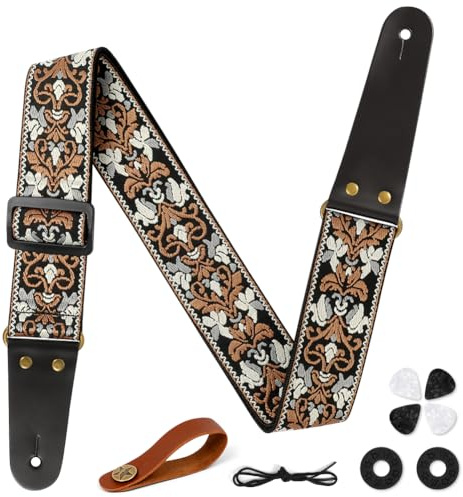 Aucuu Correa de Guitarra, Guitar Strap de Algodón, Bordado de Las Correas de Guitarra, 4 Púas de Guitarra, 2 Cierres de Correa de Goma, Extremos de Cuero Genuino, para Bajo Guitarra,Eléctrica,Acústica