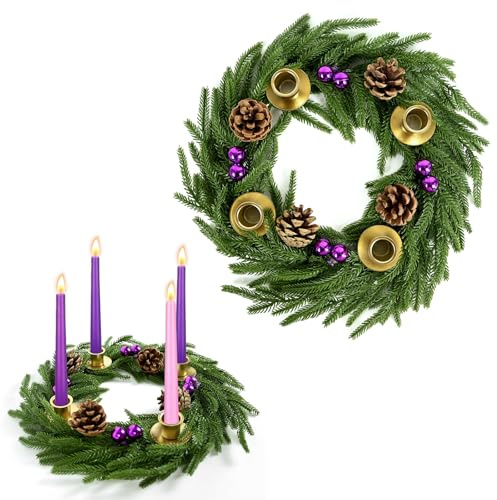 Stranthother Norfolk Pine Christmas Advent Wreath with Purple Berries & Pinecones Catholic Advent Wreath Ring Candle Holder Church Table Centerpiece Holiday Decoration Gifts(Candles Not Included)