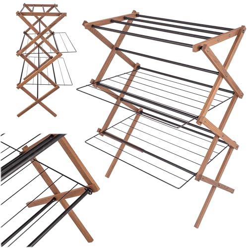 KADAX Vertikaler Wäscheständer aus Holz, 7m² Trockenfläche, 70 x 96 cm, klappbarer Standtrockner, mehrstöckiger Wäschetrockner für effizientes Trocknen von Kleidung & Handtüchern