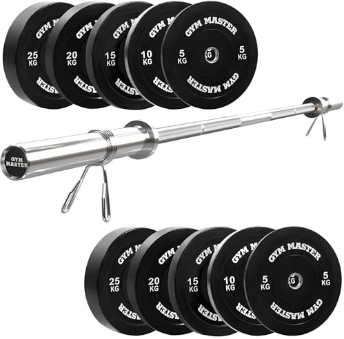 GYM MASTER Olympic Weight Lifting Bar & Black Bumper Weights Set