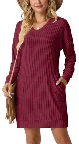 PrinStory Pulloverkleid Damen V-Ausschnitt Langarm Freizeitkleider Mit Taschen Herbst Winter Strickkleid