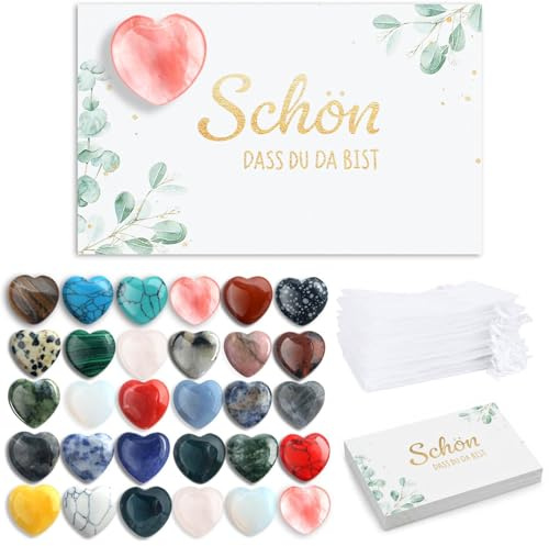 WWISTOA 30 Set Steine Gastgeschenke mit Herz Steinen inklusive Schön dass du da bist Karte und Organzasäckchen als Danke Gastgeschenke und Glücksbringer für Hochzeit und Taufe