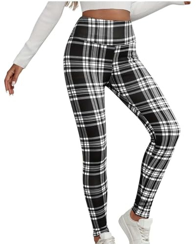 Rutiga fleecefodrade leggings kvinnor dra på hög midja stretch jeggings avslappnade tjocka vinterbyxor dam rutiga leggings, Grått, L
