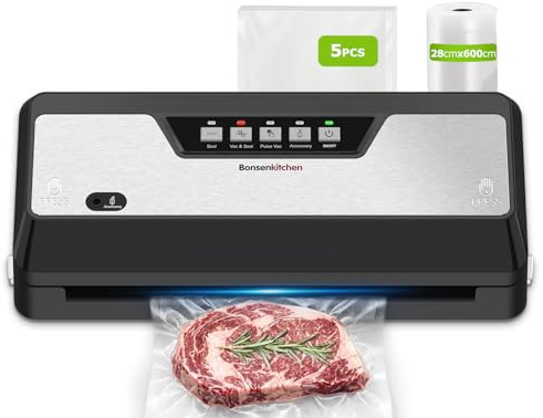 Bonsenkitchen vakuummaskin för livsmedel med integrerad skärare | 125 watt, 4 lägen, expanderad tätningsstång, levereras med 1 rulle påsar och 5 vakuumpåsar, VS3019