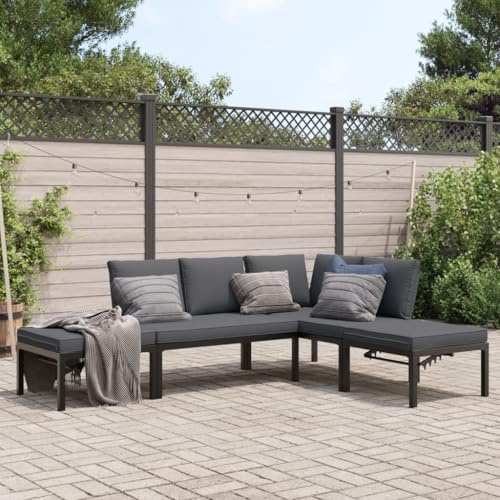 Hoopleep 4-TLG. Garten-Sofagarnitur, Schwarz Aluminium, Modulares Outdoor Loungeset mit Kissen, Verstellbarer Hocker, für Terrasse & Balkon, Anthrazit Polster