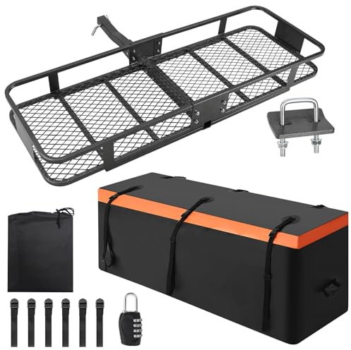 Portapacchi da Gancio Traino Pieghevole in Acciaio – con Borsa Impermeabile 425L, Portata 90 kg, Stabilizzatore, Rete e Cinghie – Ideale per Auto, SUV, Viaggi e Campeggio – Colore 60+15