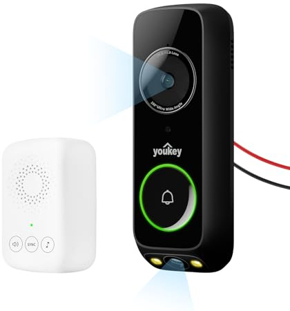 youkey Wired Doorbell Camera, No Monthly Fee, 2K Dual‑cam Video Doorbell with Chime, See Visitor & Package at Once, 5G WiFi, 8GB Local Storage, Two-Way Talk, Compatible with Alexa & Google Home