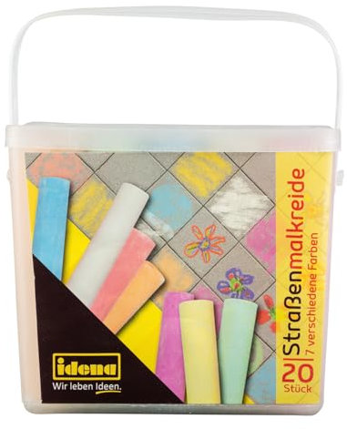 Idena 60042 - Straßenmalkreide in eckiger Box mit Henkel, 20 Stangen in 7 Farben, zum Bemalen von Asphalt, Pflaster oder Beton