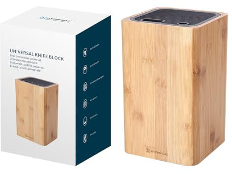 Deluxe Universal Knife Block with Slots for Scissors and Sharpening Rod - Bamboo Knife Holder For Safe, Space Saver Knives Storage - Unique Slot Design to Protect Blades - by KITCHENDAO