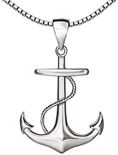 CLEVER SCHMUCK Halskette silberner Männer Anhänger großer Anker mit Seil 24 x 19 mm maritim beidseitig plastisch glänzend & Kette Venezia 925 Sterling Silber im Schmucketui Creme