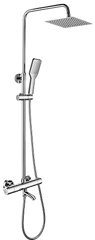Extra lange Duschsäule mit rundem Schlauch ausziehbar von 100 bis 150 cm. Mit Auslauf und Thermostathahn mit integriertem Umsteller Quadratische Handbrause und Kopfbrause Garantierte Ersatzteile.