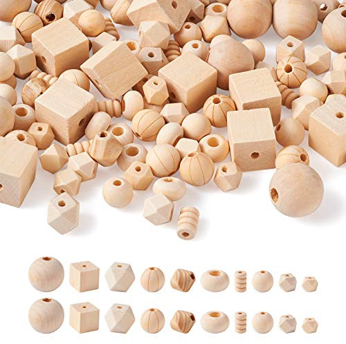 PandaHall Naturholzperlen, unlackiert, gemischte Formen, großes Loch, Holzperlen für Armbänder, Halsketten, Schmuckherstellung, 150 Stück