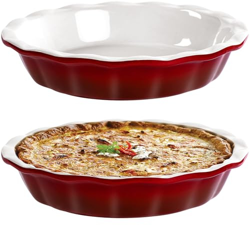 Lareina Deep Dish Pie Pan for Baking, 9 Inch Ceramic Fluted Pie Dish for Apple, Quiche, Pecan, Pot Pies, 53 Ounce Round Pie Plate, Set of 2, Red