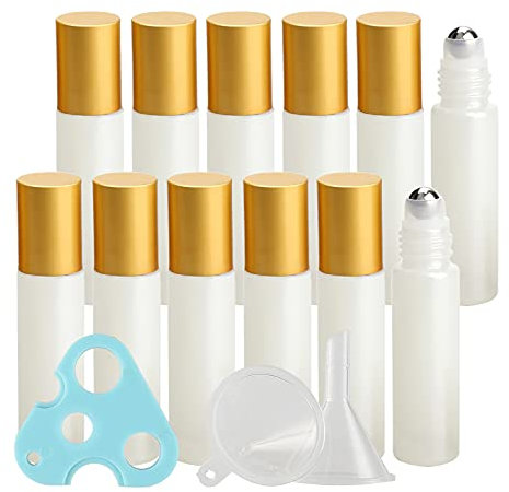 TIANZD 24 Stück Leere 10ml Weiß Glas Roller Flaschen mit Gold Alu Schraubverschluss, Roll-On Glasflaschen mit Glasroller für Ätherische Öle Essential Oil mit Trichter Öffner