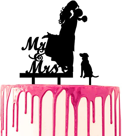 CARISPIBET Hochzeitstorte Topper Bräutigam nimmt die Braut und küsst ihr Drehbuch Mr & Mrs von der Seite Hund als optionales Stück