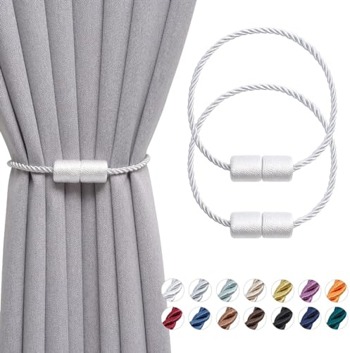 Pretty Jolly magnetische Vorhang Raffhalter handgefertigtes Gewebe Seil Vorhang-Raffhalter Einfachheit dekorative Vorhang drapieren Krawatte zurück für Haus & Büro Fenster Drapery, Weiß, 2 Stück | Handgefertigte gewebte Zylinder-Halterungen, dekorative Seitenseil-Raffhalter für Fenster zu Hause und im Büro, 40,6 cm