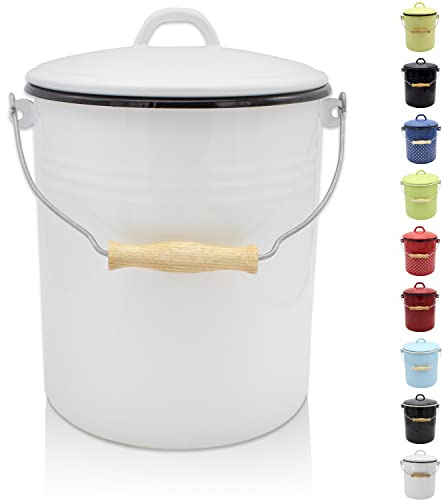 KRÜGER sopkorg med lock – stålsoptunna med emaljbeläggning och trähandtag – skär- och reptålig yta – hållbar och mångsidig användning (vit, 10 liter)