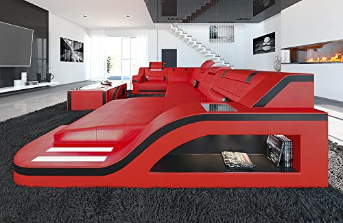 Wohnlandschaft Palermo Sofa U Form Ledersofa - mit LED Beleuchtung, verstellbare Kopfstützen, Recamiere/Lederfarben wählbar/Ausrichtung wählbar (Ottomane rechts, Rot-Schwarz)