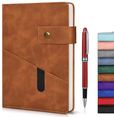 Lined Journal Notebook with Pen, A5 Personalized Hardcover Leather Journal for Men Women, 200 Pages 100 GSM Thick Paper College Ruled Notebooks for Work Travel School Writing Diary 5.9 X 8.4 Brown