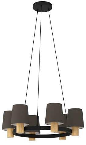 EGLO Kronleuchter Edale, Pendelleuchte Esstisch 6-flammig, runde Hängelampe | Esszimmerlampe aus Metall in Schwarz, FSC100HB, Holz in Eiche und Textil in Cappucchino, Hängeleuchte mit E27 Fassung